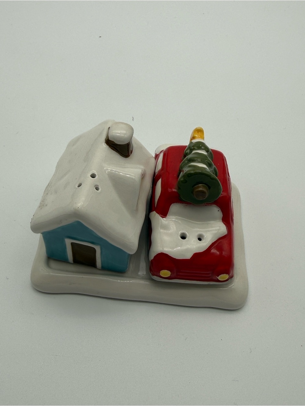 Holiday Ceramic House and Red Truck Salt & Pepper Shaker Set